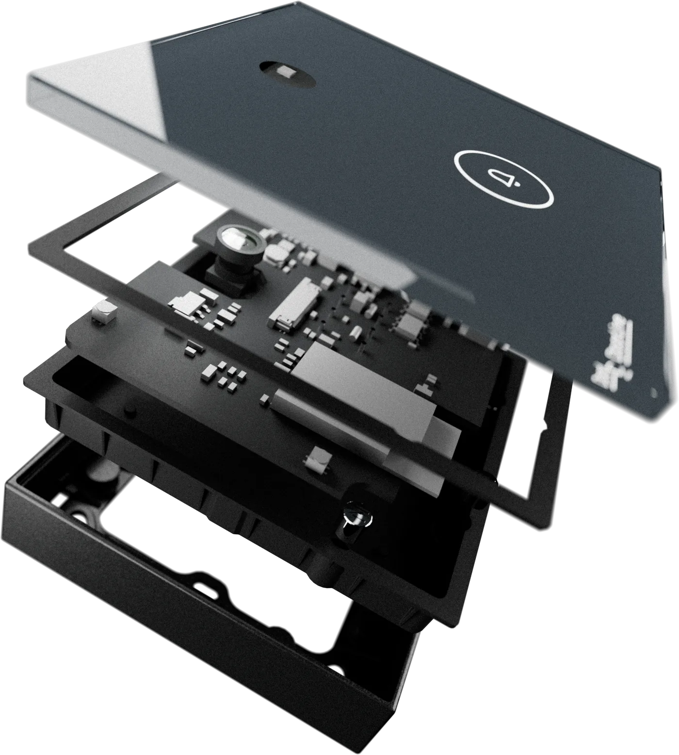 DoorLine Modular Modul in Explosionsansicht: Glasfront, Elektronik, Gehäuse und Wandrahmen